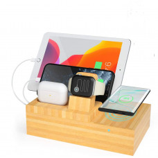 Bamboo PD Charging Station & Fast Charging Dock Organizer | 3 PD/USB Port & 1 Qi Wireless |  Apple & Android, iPad Watch, AirPods - Multi Charger Station
