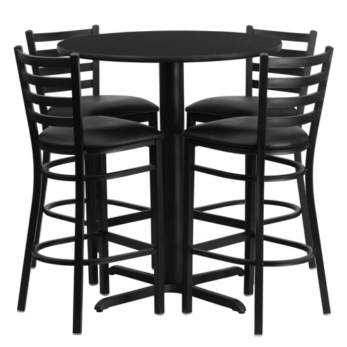 Black Vinyl Barstools with 30” Round Black Laminate Table Set