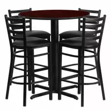 Modern Comfort | Black Vinyl Barstools with Round Mahogany Laminate Table Set | Size 30"