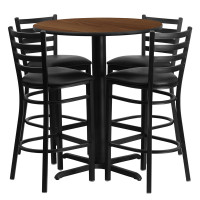 Modern Comfort | Black Vinyl Barstools with Round Walnut Laminate Table Set | Size 30"