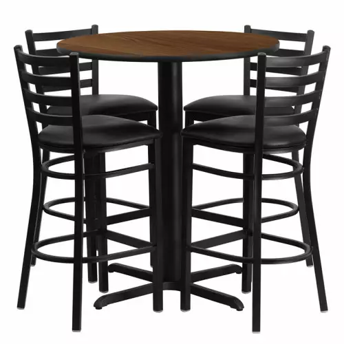Black Vinyl Barstools with 30” Round Walnut Laminate Table Set