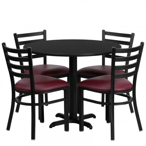 Burgundy Vinyl Seats with 36” Round Black Laminate Table Set
