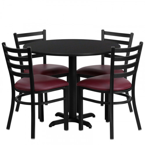 Burgundy Vinyl Seats With 36 Round Black Laminate Table Set From