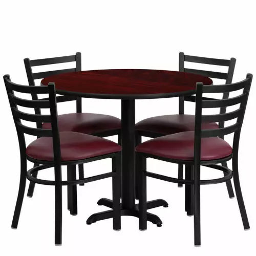 Burgundy Vinyl Seats with 36” Round Mahogany Laminate Table Set