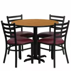 Modern Comfort | Burgundy Vinyl Seats with Round Natural Laminate Table Set | Size 36"