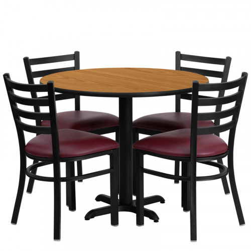 Burgundy Vinyl Seats with 36” Round Natural Laminate Table Set