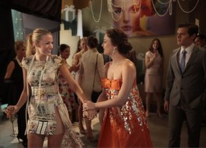 gossip girl, party, girls in dress holding hands while talking